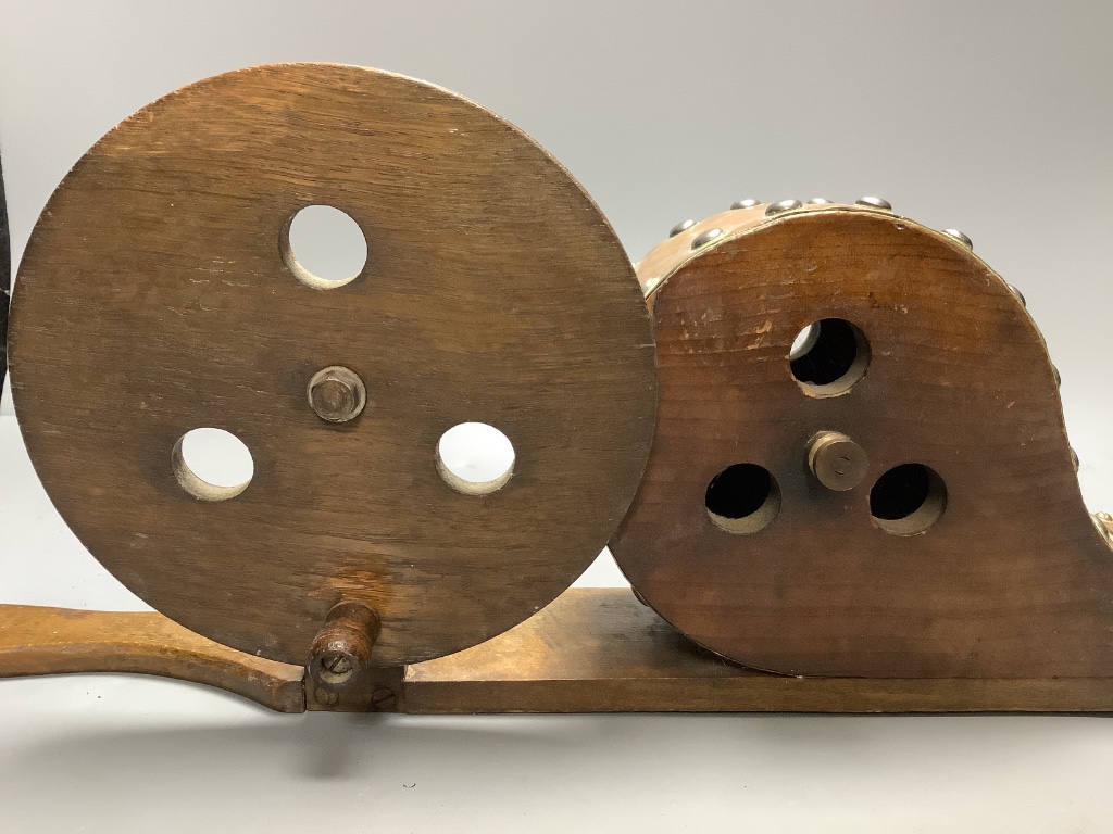 An 19th century pair of wood and copper mechanical peat bellows, length 60cm